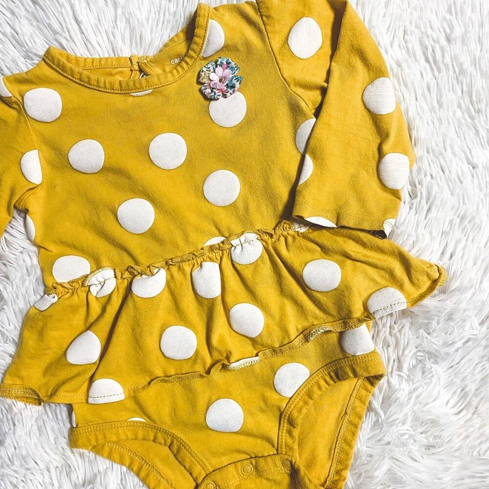 CARTER’S • Golden Yellow + White Polka Dotted Ling Sleeve Ruffle Onesie